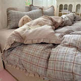Qfdian  ‌Ins Princess Style Washed Double-Layer Gauze Bedding Set - Thickened Crinkled Gauze Cute Dorm 3-Piece/4-Piece Sheet & Duvet Cove