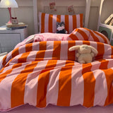 Qfdian  3pcs orange pink stripe Duvet Cover Set (1*Duvet Cover + 2*Pillowcase, Without Core),Bedding Set