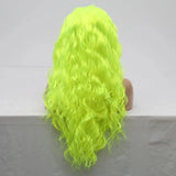 Qfdian Fluorescent Neon Green Wig Water Wave Synthetic Lace Front Wig Glueless Colored Long Curly Hair Lace Frontal Wigs for Women