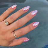 Qfdian 24Pcs Simple False Nails with Glue Short Almond Fake Nails Glitter Aurora Round Head Full Cover Nail Tips Oval Press on Nails