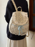 Qfdian Korean Lace Patchwork Sweet Bow Backpack Women Students Chic Flower Print Bow Schoolbags Y2k Aesthetic Girls All Match Backpacks