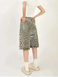 Qfdian  Women's Shorts Denim Leopard Print High Waisted Straight Leg Pants Street Harajuku Y2K Retro Versatile Fashion Wide Leg Jeans