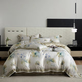 Qfdian Floral Plant Print Color Blocking Bedding Set Lyocell Bamboo Fiber Soft Silky Duvet Cover Flat/Fitted Bed Sheet Pillowcases 4Pcs