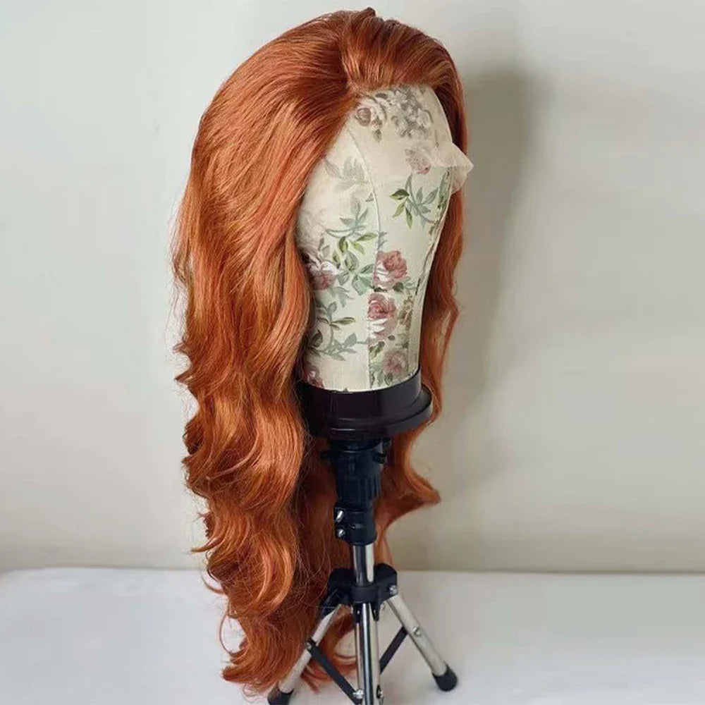 Qfdian 13X4 Lace Front Ginger Orange Wigs for Women Synthetic Frontal Wig Glueless Loose Curly Wavy Hair Daily Party Cosplay