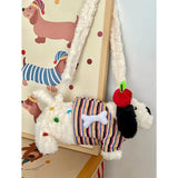 Qfdian Japanese Fluffy Cartoon Striped Dog Shoulder Bag Kawaii Sweet Fashion Women's Handbags Y2k Aesthetic Cute Crossbody Bags Trendy
