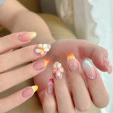 Qfdian  24Pcs Mid-length 3D Flowers Design Fingertips Sweet Butterfly Yellow Ripple Almond False Nails Detachable Full Cover Press Ons