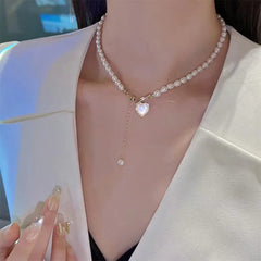 Korean Pearl Chain Choker Necklace for Women Girls Trend Jewelry Heart Tassel Pendant Necklace Bridal Engagement Gift