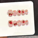 Qfdian  10pcs 3D Strawberry Bow Press on Nails Sweet Cute Square False Nails Flowers Pearl Stick on Nails Cat Eye French Fake Nail Art