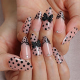 Qfdian  24pcs Light Coffee French Style Press On Nails Leopard Print Almond Spicy Girl Fake Nails With Bowknots Pearl Decor False Nail