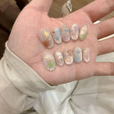 Qfdian  10pcs Cute Cat Eye Fake Nails Spring Simple Press on Nails Removable Hand Drawn Heart Star Moon False Nails Short Oval Nail Art