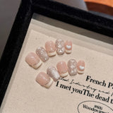 Qfdian 10Pcs Cream Puff Cute Dot French Handmade False Nails Press On Nails Wearable Fake Nails Short Ballet With Small Love Decor