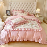 Qfdian 100% Cotton Korean Princess Style Rose Flower Print Ruffles Bedding Set Duvet Cover Bed Sheet/Fitted Sheet/Bed Skirt Pillowcases