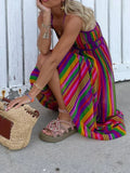 Qfdian  Fashion Hollow Backless Bohemian Dresses Sexy Ladies V-Neck Sleeveless High Waist Long Dress Summer Beach Colorful Stripe