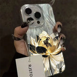 Qfdian Pink Peony Lotus Print Phone Case for IPhone 16 15 14 13 12 11 Pro Max 15 Pro XS XR 7 8 Plus 16e Shockproof Silver Plated Cover
