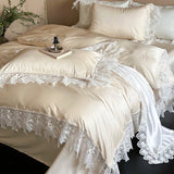 Qfdian Romantic Lace Princess Wedding Bedding Set 1000TC Lyocell Cotton Soft Silky Duvet Cover Bed Sheet/Fitted Sheet Pillowcases 4Pcs
