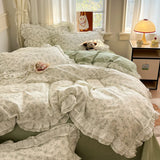 Qfdian Princess Style Lace Ruffles 100% Cotton Bedding Set Floral Pastoral Style Duvet Cover Flat/Fitted Bed Sheet Pillowcases 3/4Pcs