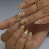 Qfdian 24Pcs Golden French Fake Nail with Almond Head Design Simple Oval False Nails Wearable Press on Nails Full Cover Nail Tips