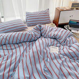 Qfdian  Simple Style Red And Blue Strip Duvet Cover Set Bed Sheet Set Washed Cotton Bedding Set