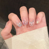 Qfdian  10pcs Colorful Plaid Press on Nails Shiny Cat Eye False Nails Silver Star Nail Cute Sweet Short Square Press on Nails for Girl