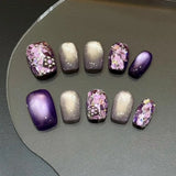 Qfdian  10Pcs Noble Purple Handmade Press on Nails Delicate Short Square Fake Nail Sweet Cool Y2k Diamond False Nails Cat Eye Nails Art