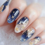 Qfdian  24pcs Smudging Blue False Nails Gentle Almond Gold Star Patterns Press On Nails Romantic Wearable Fake Nail Spicy Girl Manicure