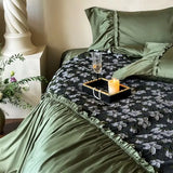 Qfdian  Egyptian Cotton Bedding Set French Vintage Green Floral Print Ruffles Duvet Cover Flat Bed Sheet Pillowcases 4Pcs