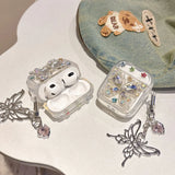 Qfdian  Luxury Colorful Diamond Butterfly Bluetooth Headset Case For AirPods Pro 2nd Air Pods 4 3 2 1 Clear Earhone Case with Pendant