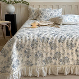 Qfdian 3/5Pcs Rose Floral Print Lace Ruffles Quilted Bedspread, Bed Cover, Mattress Topper Coverlet, Bed Sheet, With Pillowcases