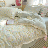 Qfdian  Floral Bedding Set Korean Style Duvet Cover Set Bed Linen Set Flat Sheets Set 2 Pillowcases Single Double Queen Size For Student