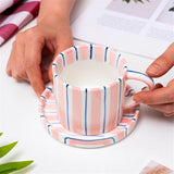 Qfdian  280ml/9.5oz afternoon tea coffee cup, Minimalist striped hand drawn cup and plate set, ceramic milk coffee cup, household drinki