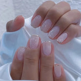 Qfdian 24Pcs Nude Pink Nail Tips Short Round Head False Nails with Design Wearable Finished Fake Nails Full Cover Press on Nails