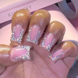 Qfdian  24pcs Glitter Short Square Fake Nails Sets Rhinestones French Design False Nail Tips Reusable Pink Press on Nails Tips Manicure