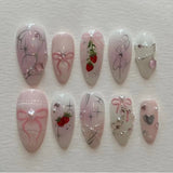 Qfdian  24pcs Press on Fake Nails Set Almond Wearable Simple French Flower False Nail Art Gold Beads Design Diamond Manicure Tips