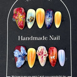 Qfdian  10pcs Hand Carved 3D Devil Flower Press On Nails Gradient Rose Pink Almond Handmade False Nails Shiny Sequins Summer Fake Nail