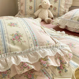 Qfdian Princess Style Lace Ruffles 100% Cotton Bedding Set Floral Pastoral Style Duvet Cover Flat/Fitted Bed Sheet Pillowcases 3/4Pcs