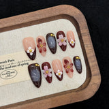 Qfdian  10pcs Handmade Press on Nails 3D Hand-carved Flower Design Fake Nails Wearable Detachable Spice Girl French Almond False Nails