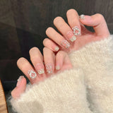 Qfdian 10Pcs French Shiny Handmade Press On Nails Short Ballerina Artificial Cat Eye Bow Pearl Design Fake Nails Wearable Manicure Nail