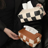 Qfdian Checkerboard Woven Tissue Box PU Leather Napkin Case Living Room Office Desktop Home Decoration Creative Paper Towel Cover
