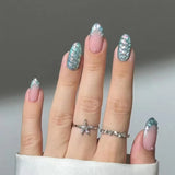 Qfdian  24pcs Aurora Pink Blue Fake Nail Tips 3D Seashells Pattern French Style Almond False Nails Women Girls Romantic Press On Nail