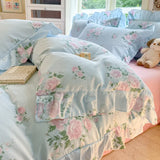 Qfdian  INS Floral Style Bedding Sets Ruffle Lace Bow Quilt Cover Romantic Bedclothes Decor Woman Girls Bedroom Duvet Cover 4pcs