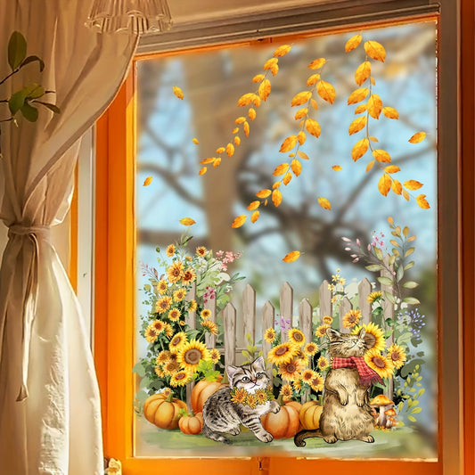 Classic Autumn Cats and Pumpkins Wall Stickers, Leaf Pattern, PVC Material, For Ceramic and More Surfaces, Reusable, Irregular Shape, Matte Finish, Self-Adhesive, No Electricity or Battery Needed