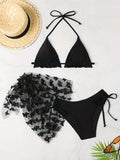 3-Piece Women’s Swimwear Set - Classic Solid Butterfly Applique, Playful Lettuce Trim & Tie-Halter Design - Perfect for Beach & Pool