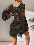 Vibrant Vacay Style Knitted Fringe Boho Cover Up Dress - Women's Swimwear & Clothing - See-Through, Hollow Out, Without Bikini, Flowy, Relaxed Fit, Beachy Chic, Summer Essential