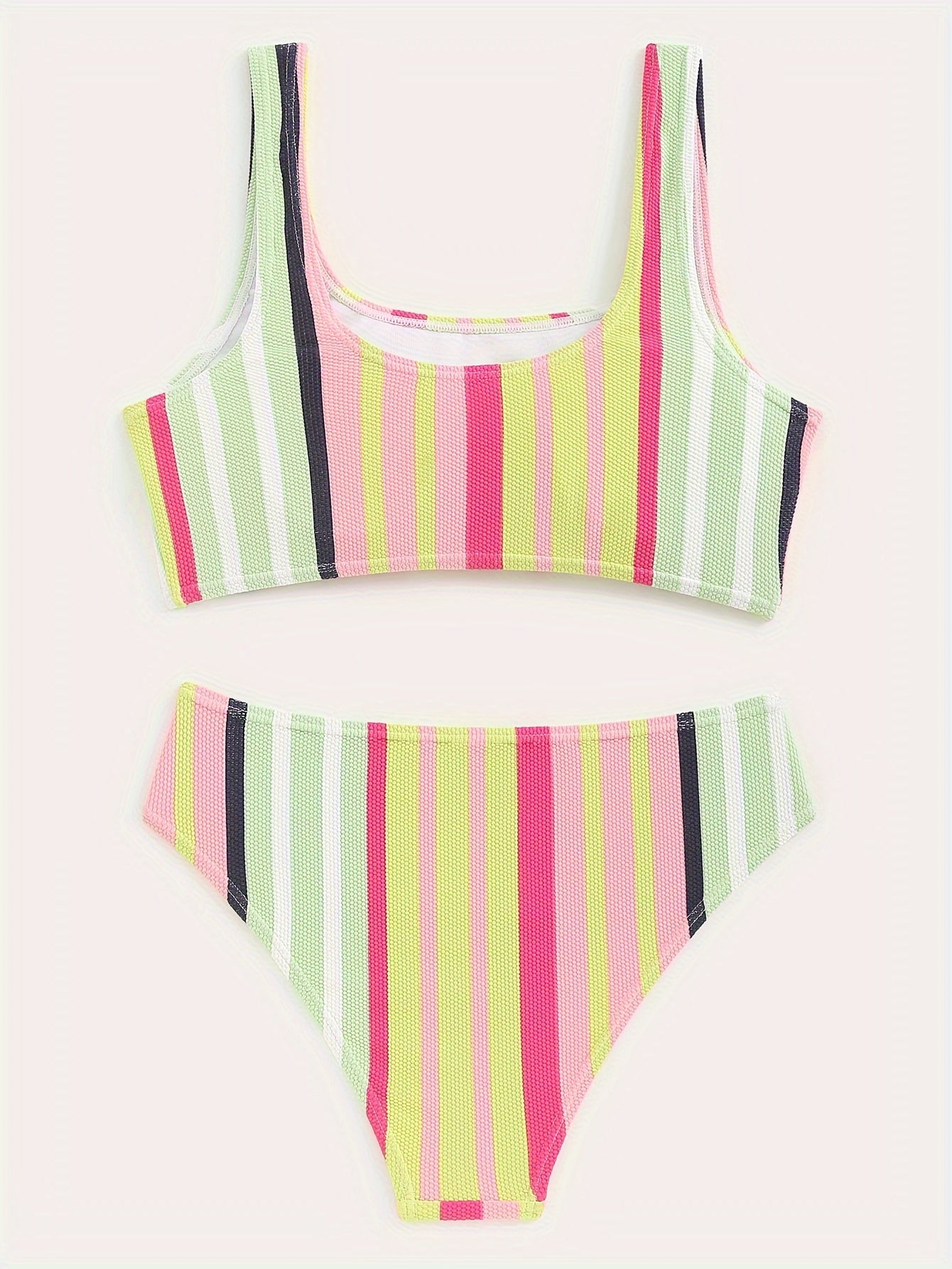 Women's Striped Two-Piece Bikini Set, High-Waisted Swimwear, Sleeveless Tank Top with Matching Bottoms, Summer Beachwear, Colorful Fashion Swimsuit