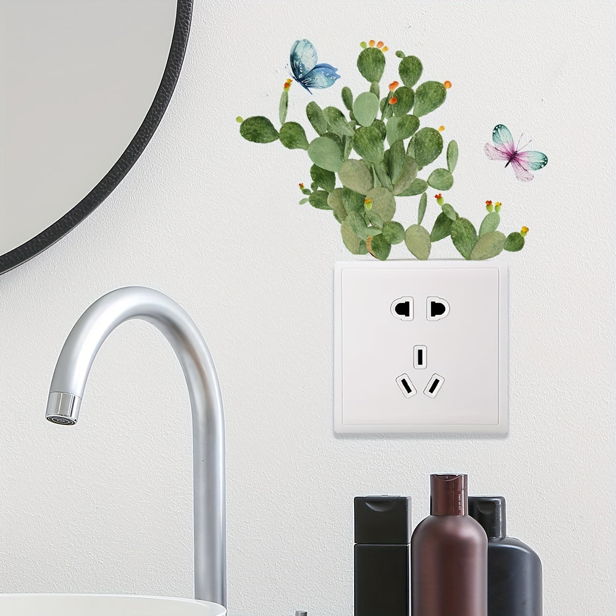 Charming Cactus & Butterfly Light Switch Decal - Matte Finish, Self-Adhesive Wall Sticker for DIY Home Decor, Perfect for Living Room, Bedroom, and Entryway Cactus Home Decor