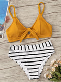 Chic 2-Piece Striped Bikini Set - V-Neck with Tie-Front, Flattering High-Cut Bottoms, Perfect for Beach and Poolside