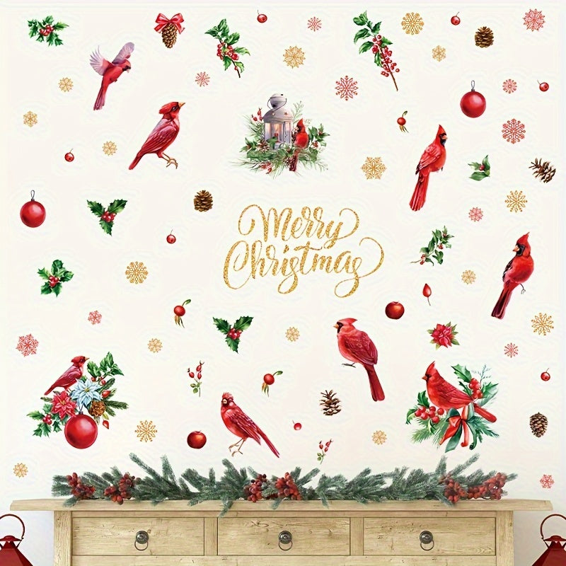 69pcs Classic Christmas Wall Stickers Decal Set, PVC Self-Adhesive Red Bird, Branch, Snowflake, Holly, and Ornament Designs for Holiday Wall Decor, Single Use, Multi-Surface Mounting, No Battery Needed