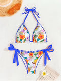 Women'S Floral Print Bikini Set, V-Neck, Side Tie, No Belt, High Elasticity, Polyester, Knit Fabric, Swimwear, Beachwear, Summer Fashion