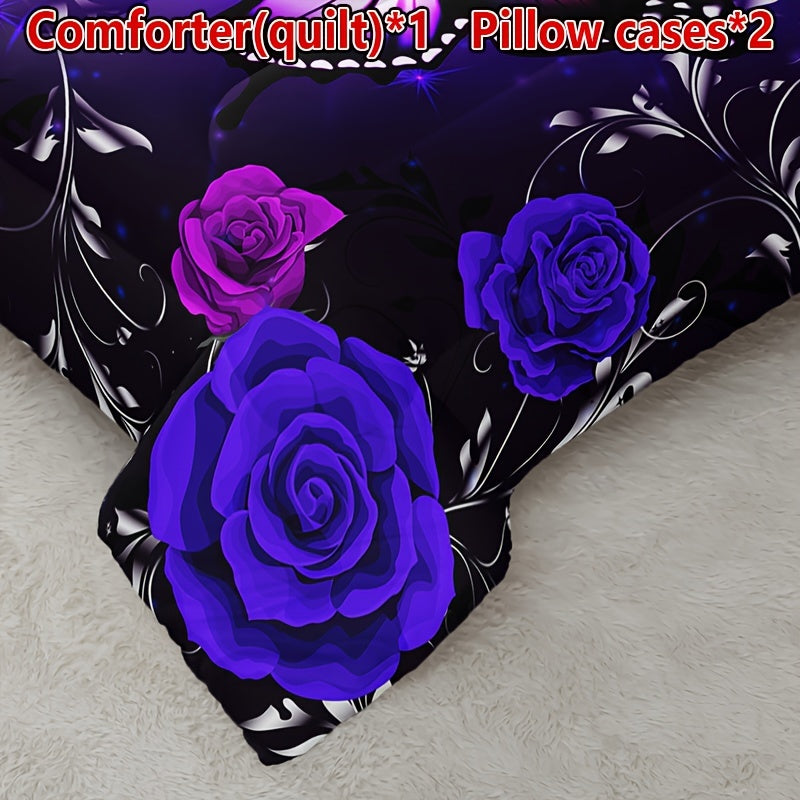 3pcs Purple Butterfly Floral Quilt Set (1 Quilt + 2 Pillowcase Without Pillow Insert), All Season Quilted Bedding Soft Comfortable Breathable Print Quilt For Home Dormitory