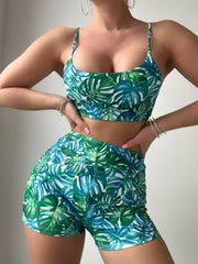 Tropical Print 2 Piece Set Bikini, Spaghetti Straps High Waist Boxer Short Bottom Swimsuits, Women's Swimwear & Clothing